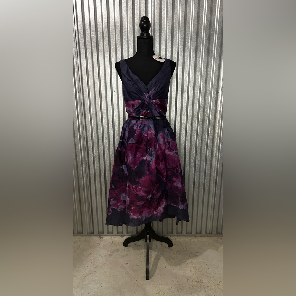 Womens Neiman Marcus Lela Rose Purple Floral Cotton Silk Sleeveless Dress Size 8
